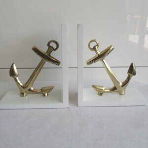 Bookends with Brass Tone Metal Anchors, White Wood Nautical Navy Theme Art Deco